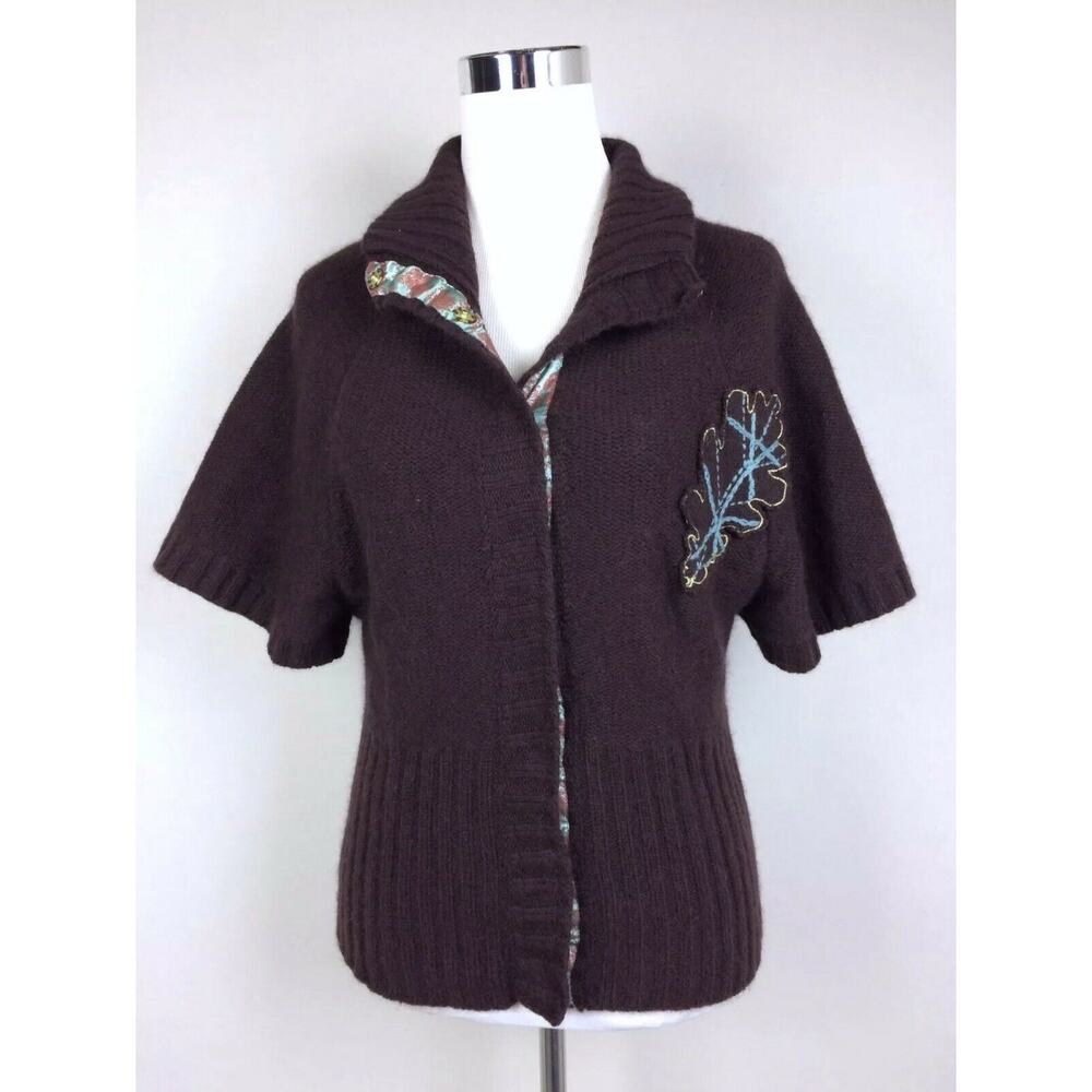 HTF Nobis Wool Angora Snap Cardigan Sweater Womens Size S Leaf‎ Appliqué